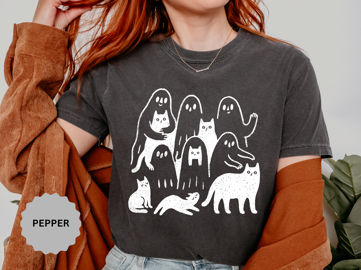 Ghost Cat Halloween Shirt, Cute Spooky Cats and Ghosts Graphic Tee, Cozy Pet Lover Gift, Minimal Black and White Fall Outfit for Women