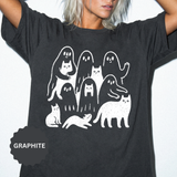 Ghost Cat Halloween Shirt, Cute Spooky Cats and Ghosts Graphic Tee, Cozy Pet Lover Gift, Minimal Black and White Fall Outfit for Women