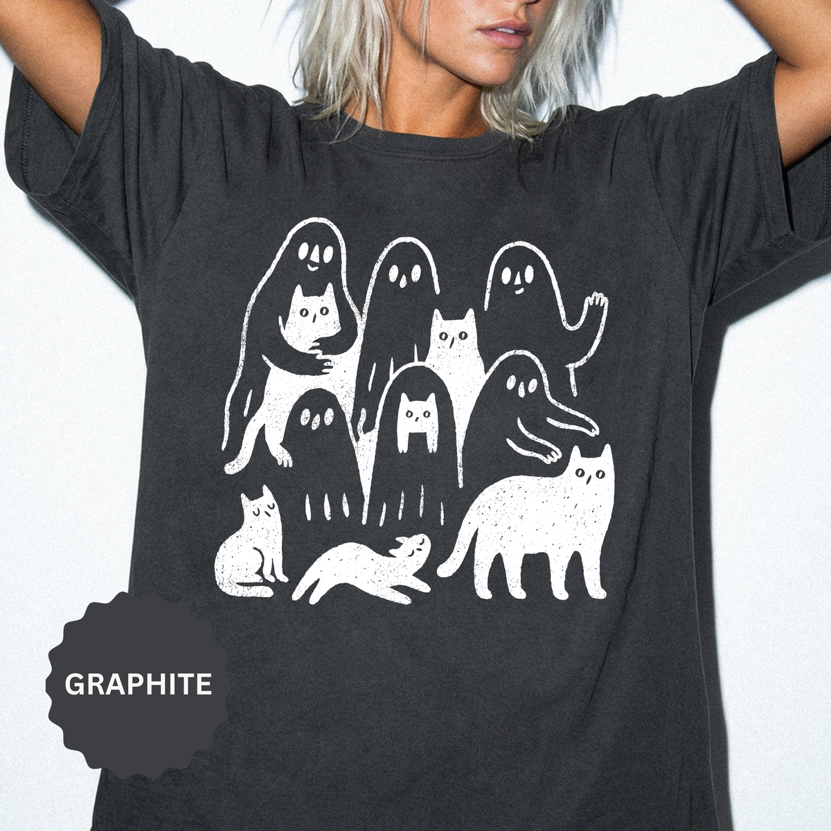 Ghost Cat Halloween Shirt, Cute Spooky Cats and Ghosts Graphic Tee, Cozy Pet Lover Gift, Minimal Black and White Fall Outfit for Women