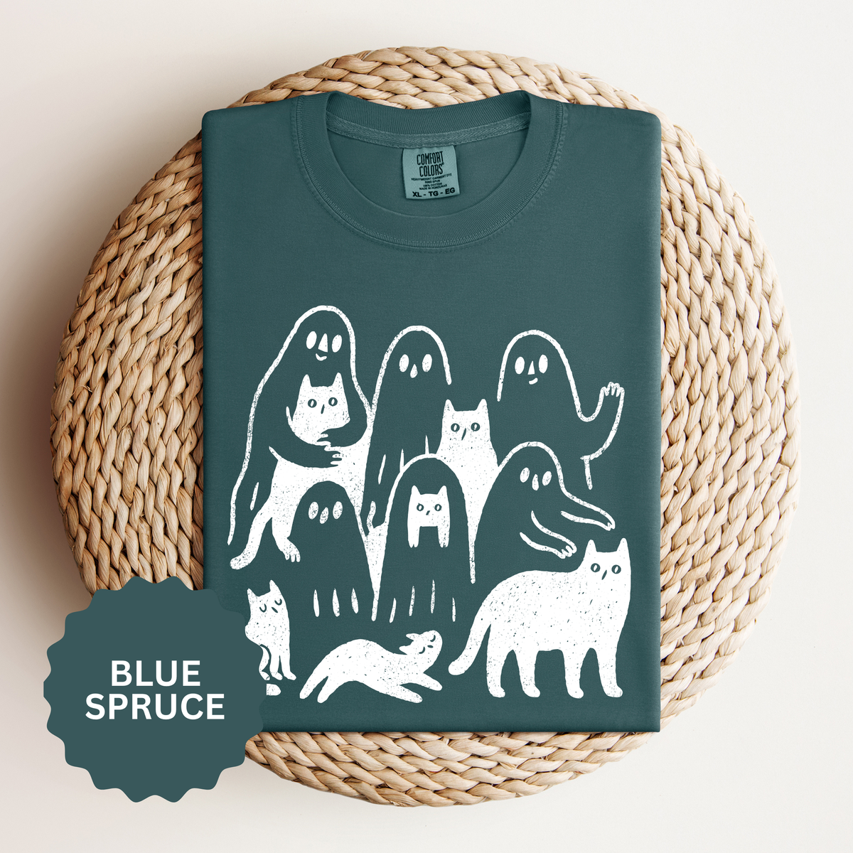 Ghost Cat Halloween Shirt, Cute Spooky Cats and Ghosts Graphic Tee, Cozy Pet Lover Gift, Minimal Black and White Fall Outfit for Women
