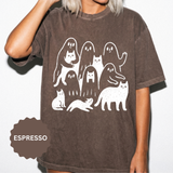 Ghost Cat Halloween Shirt, Cute Spooky Cats and Ghosts Graphic Tee, Cozy Pet Lover Gift, Minimal Black and White Fall Outfit for Women