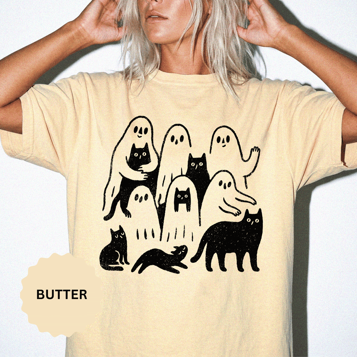 Ghost Cat Halloween Shirt, Cute Spooky Cats and Ghosts Graphic Tee, Cozy Pet Lover Gift, Minimal Black and White Fall Outfit for Women