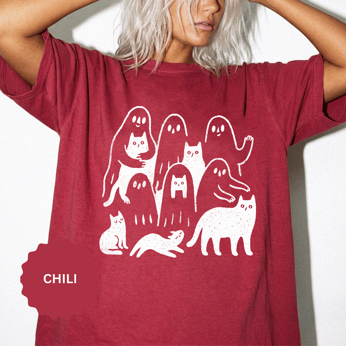 Ghost Cat Halloween Shirt, Cute Spooky Cats and Ghosts Graphic Tee, Cozy Pet Lover Gift, Minimal Black and White Fall Outfit for Women