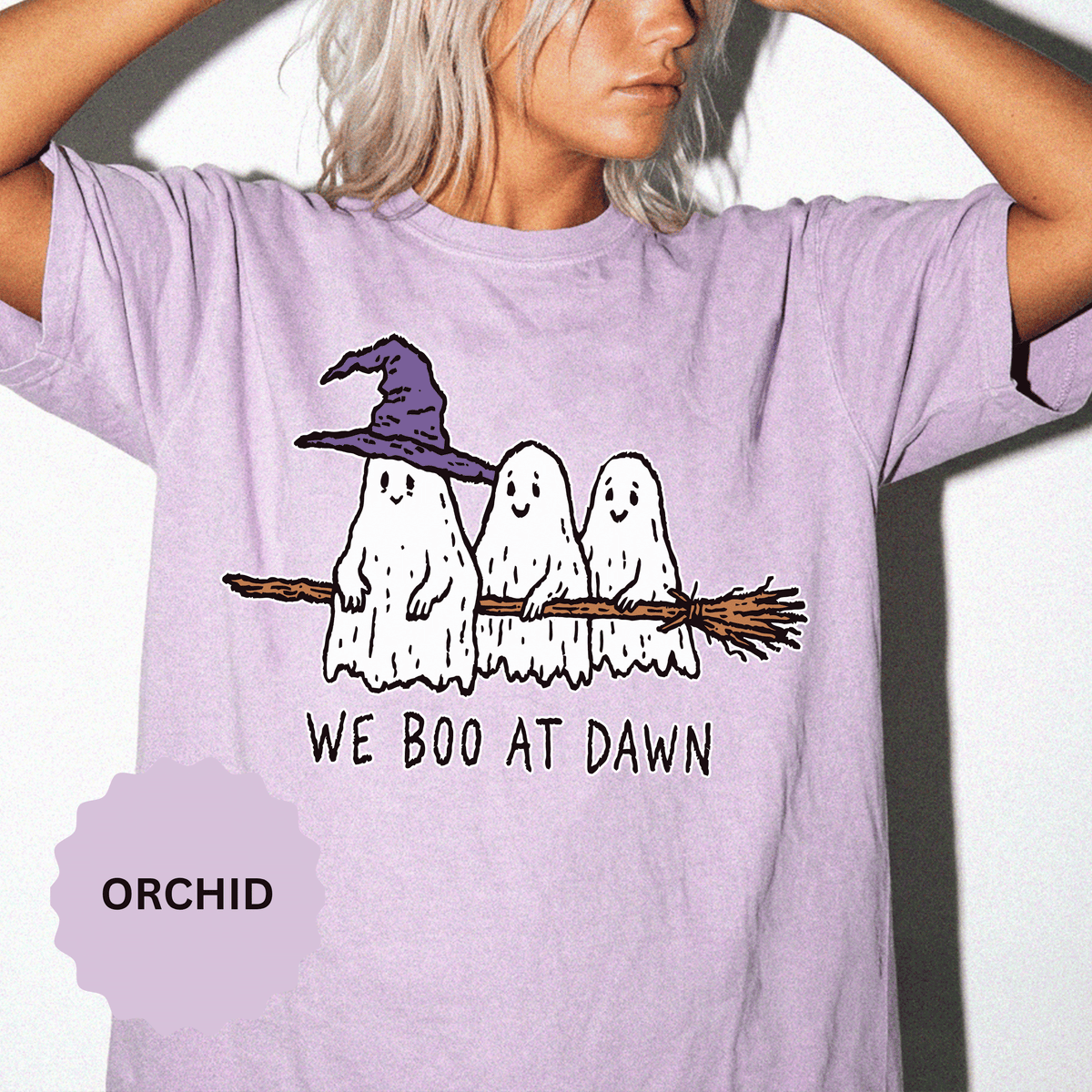 We Boo at Dawn Ghost Shirt, Funny Halloween Witch Broom Graphic Tee, Cute Spooky Season Gift for Friends and Ghost Lovers, October Outfit