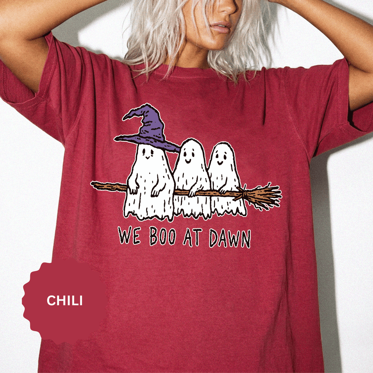 We Boo at Dawn Ghost Shirt, Funny Halloween Witch Broom Graphic Tee, Cute Spooky Season Gift for Friends and Ghost Lovers, October Outfit