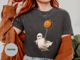 Cute Ghost Halloween Shirt, Pumpkin Balloon Graphic Tee, Vintage Spooky Season Gift for Women, Cozy October Fall Outfit for Ghost Lovers