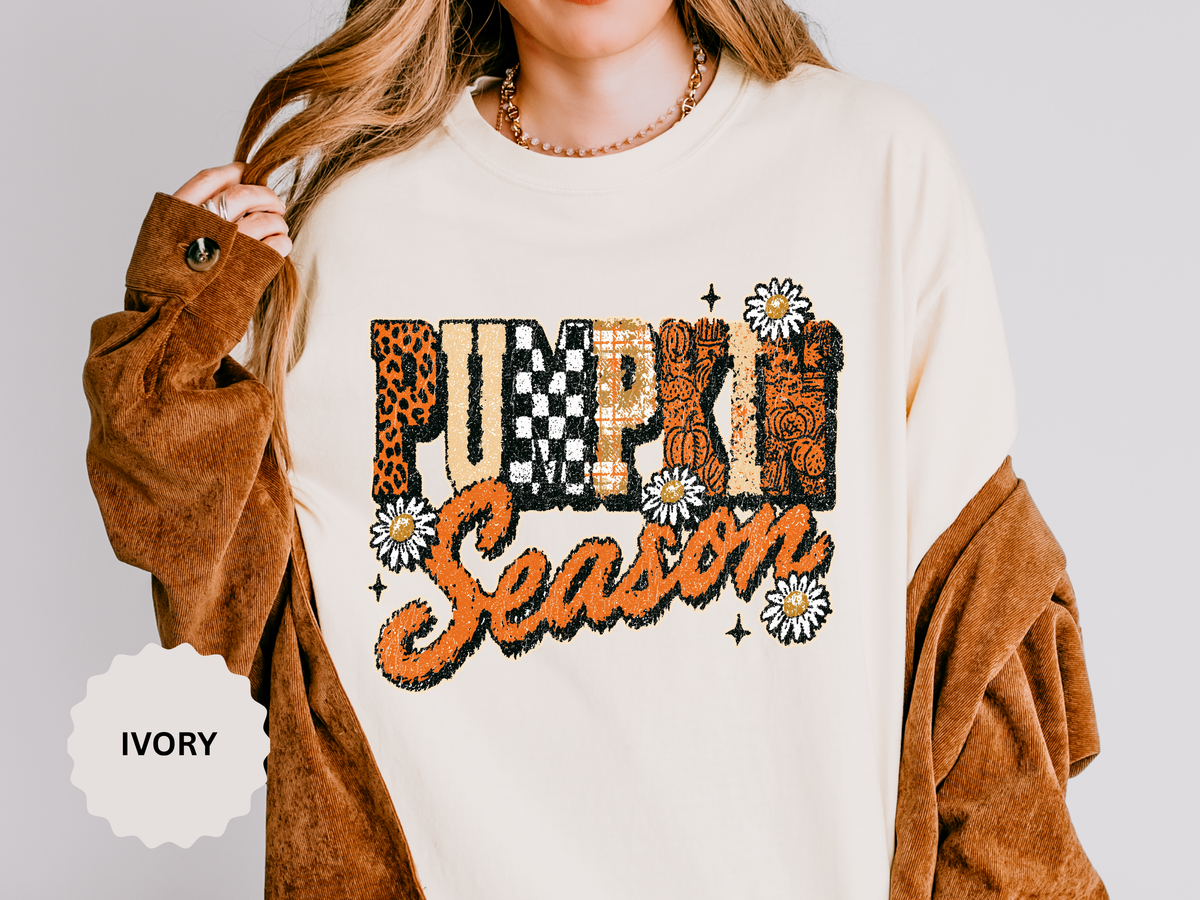 Pumpkin Season Shirt, Retro Leopard Checker Fall Graphic Tee, Cute Autumn Gift for Women, Cozy Thanksgiving October Outfit for Her