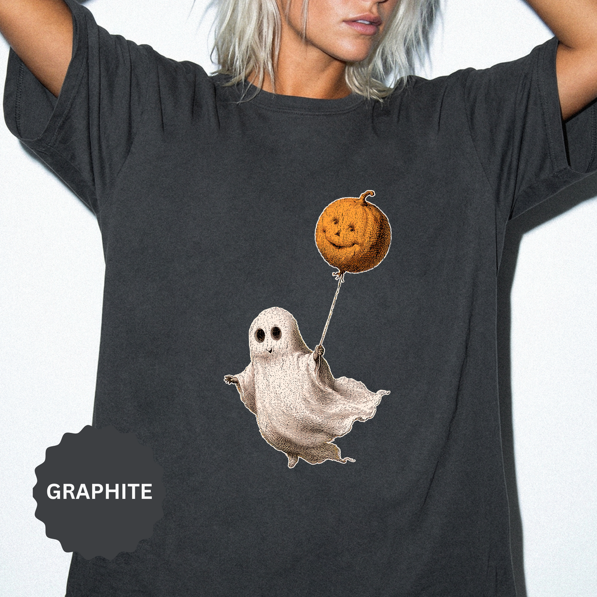 Cute Ghost Halloween Shirt, Pumpkin Balloon Graphic Tee, Vintage Spooky Season Gift for Women, Cozy October Fall Outfit for Ghost Lovers