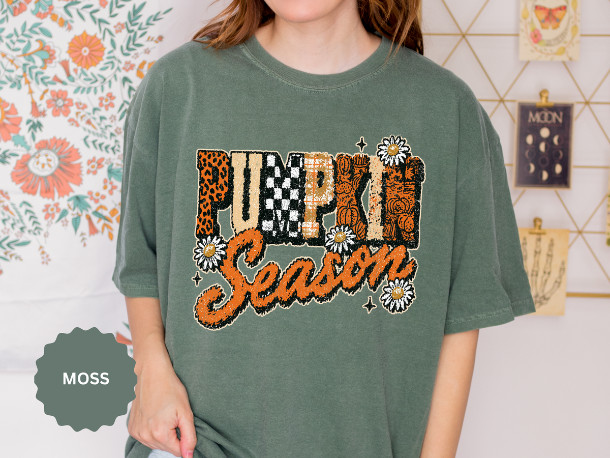 Pumpkin Season Shirt, Retro Leopard Checker Fall Graphic Tee, Cute Autumn Gift for Women, Cozy Thanksgiving October Outfit for Her