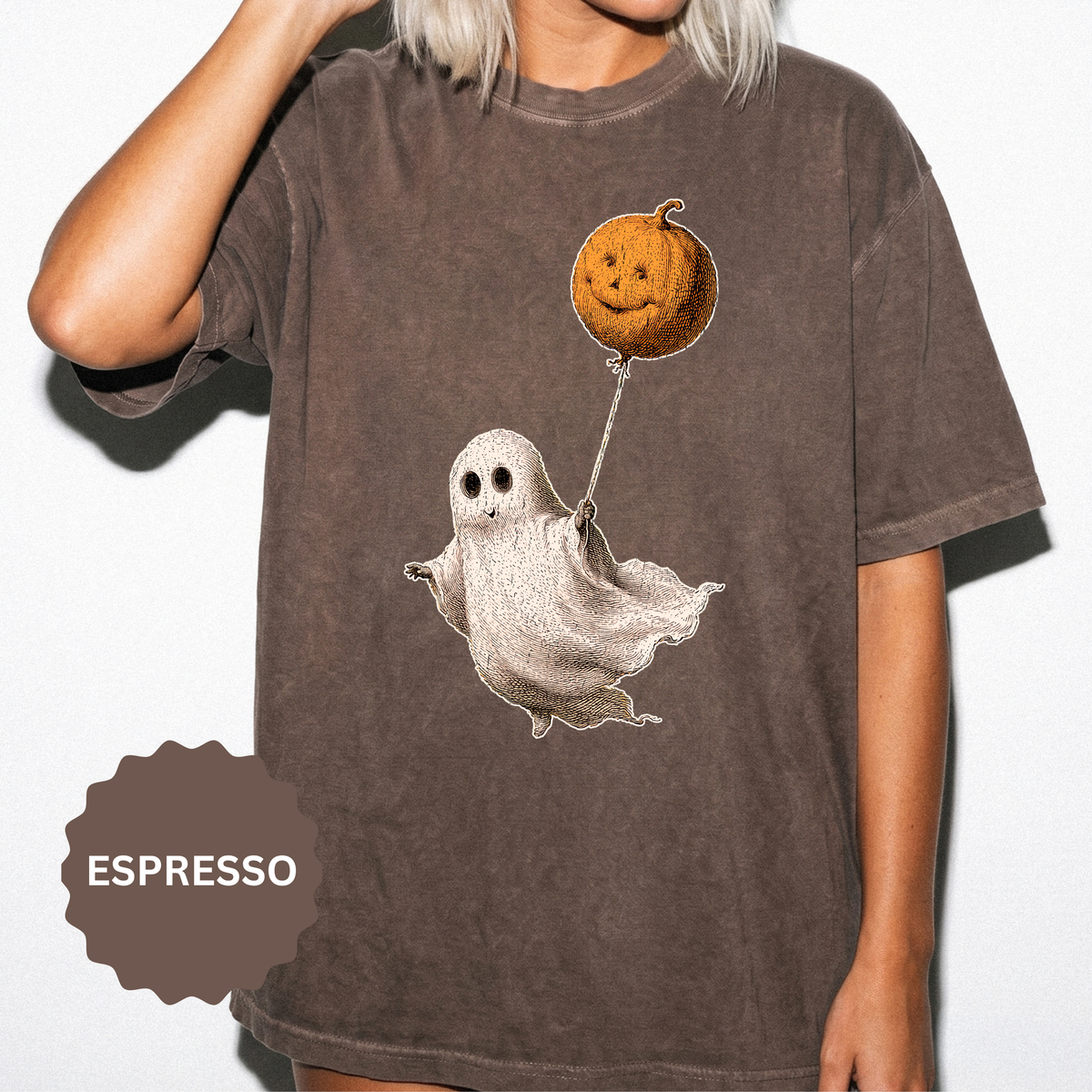 Cute Ghost Halloween Shirt, Pumpkin Balloon Graphic Tee, Vintage Spooky Season Gift for Women, Cozy October Fall Outfit for Ghost Lovers
