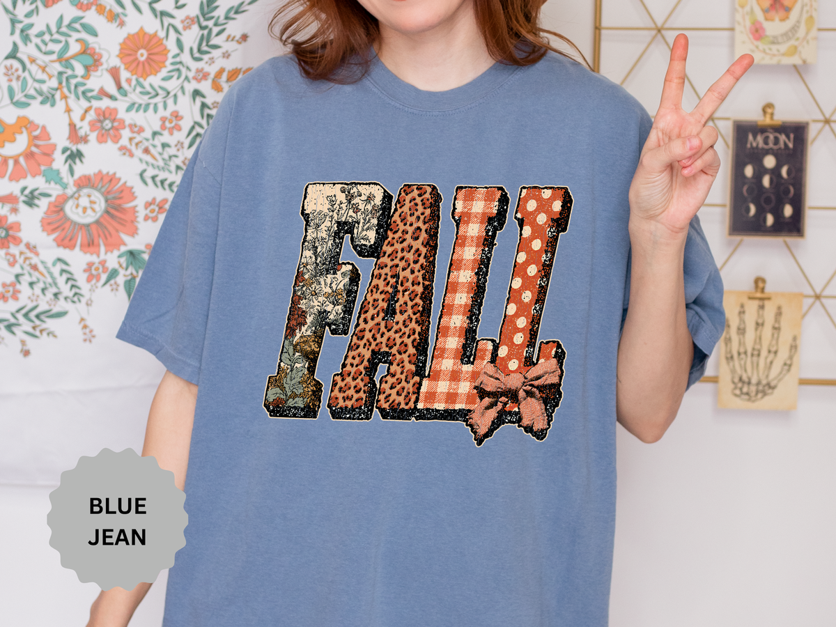 Patchwork Fall Shirt, Floral Leopard Plaid Autumn Graphic Tee, Coquette Bow Seasonal Gift for Women, Cozy Thanksgiving Outfit for Her