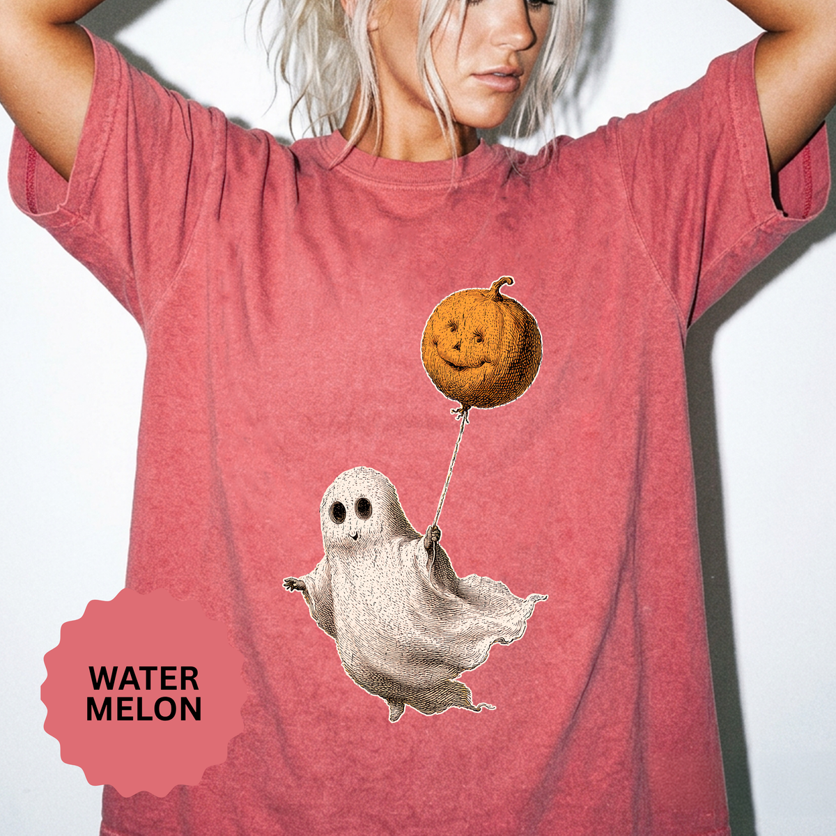 Cute Ghost Halloween Shirt, Pumpkin Balloon Graphic Tee, Vintage Spooky Season Gift for Women, Cozy October Fall Outfit for Ghost Lovers