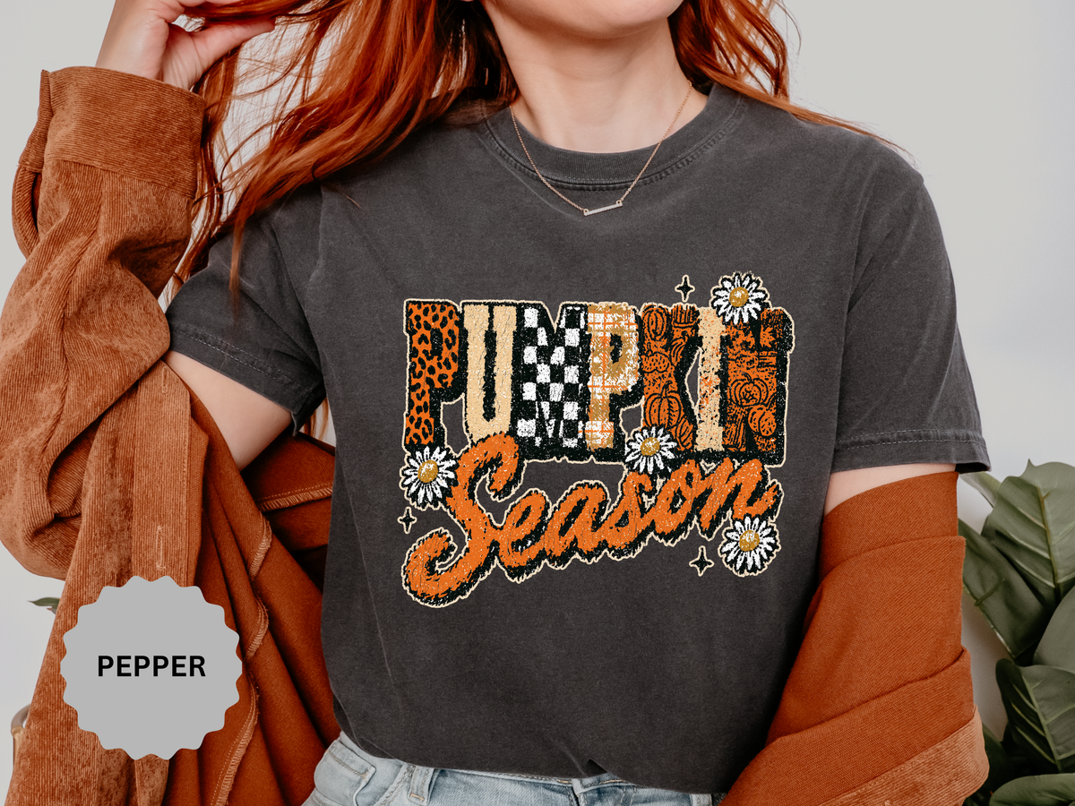 Pumpkin Season Shirt, Retro Leopard Checker Fall Graphic Tee, Cute Autumn Gift for Women, Cozy Thanksgiving October Outfit for Her