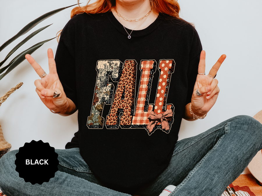 Patchwork Fall Shirt, Floral Leopard Plaid Autumn Graphic Tee, Coquette Bow Seasonal Gift for Women, Cozy Thanksgiving Outfit for Her