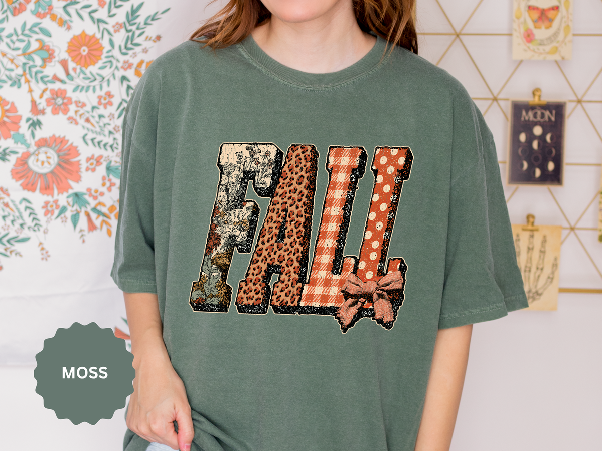 Patchwork Fall Shirt, Floral Leopard Plaid Autumn Graphic Tee, Coquette Bow Seasonal Gift for Women, Cozy Thanksgiving Outfit for Her