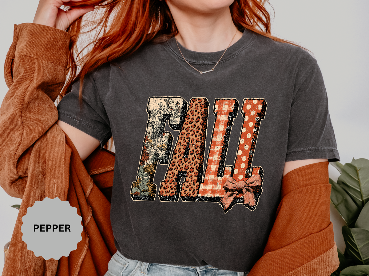 Patchwork Fall Shirt, Floral Leopard Plaid Autumn Graphic Tee, Coquette Bow Seasonal Gift for Women, Cozy Thanksgiving Outfit for Her