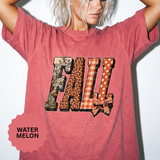 Patchwork Fall Shirt, Floral Leopard Plaid Autumn Graphic Tee, Coquette Bow Seasonal Gift for Women, Cozy Thanksgiving Outfit for Her