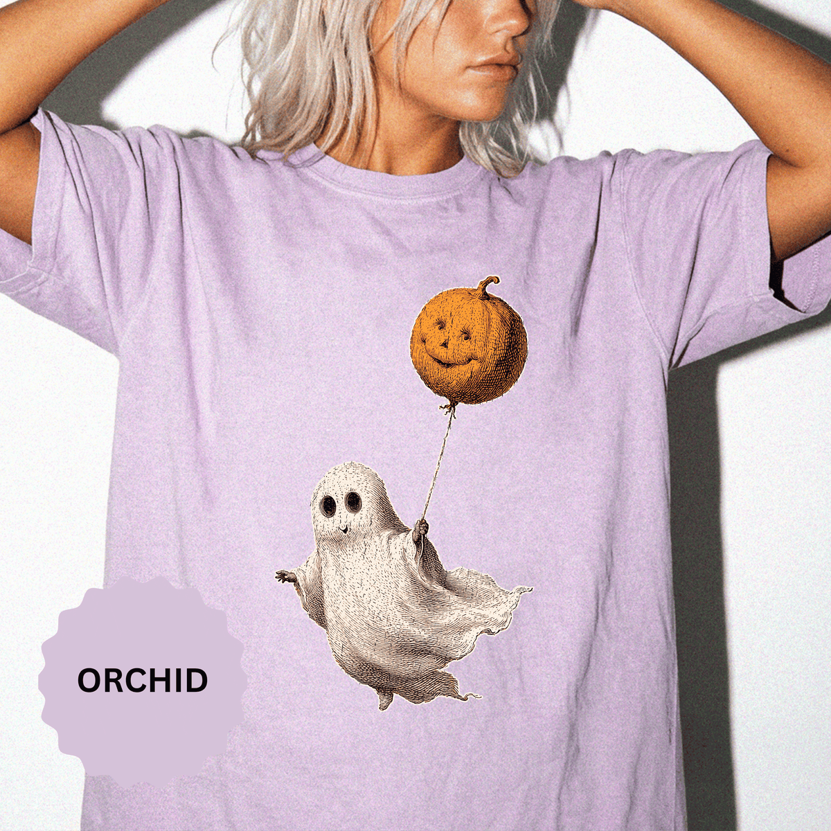 Cute Ghost Halloween Shirt, Pumpkin Balloon Graphic Tee, Vintage Spooky Season Gift for Women, Cozy October Fall Outfit for Ghost Lovers