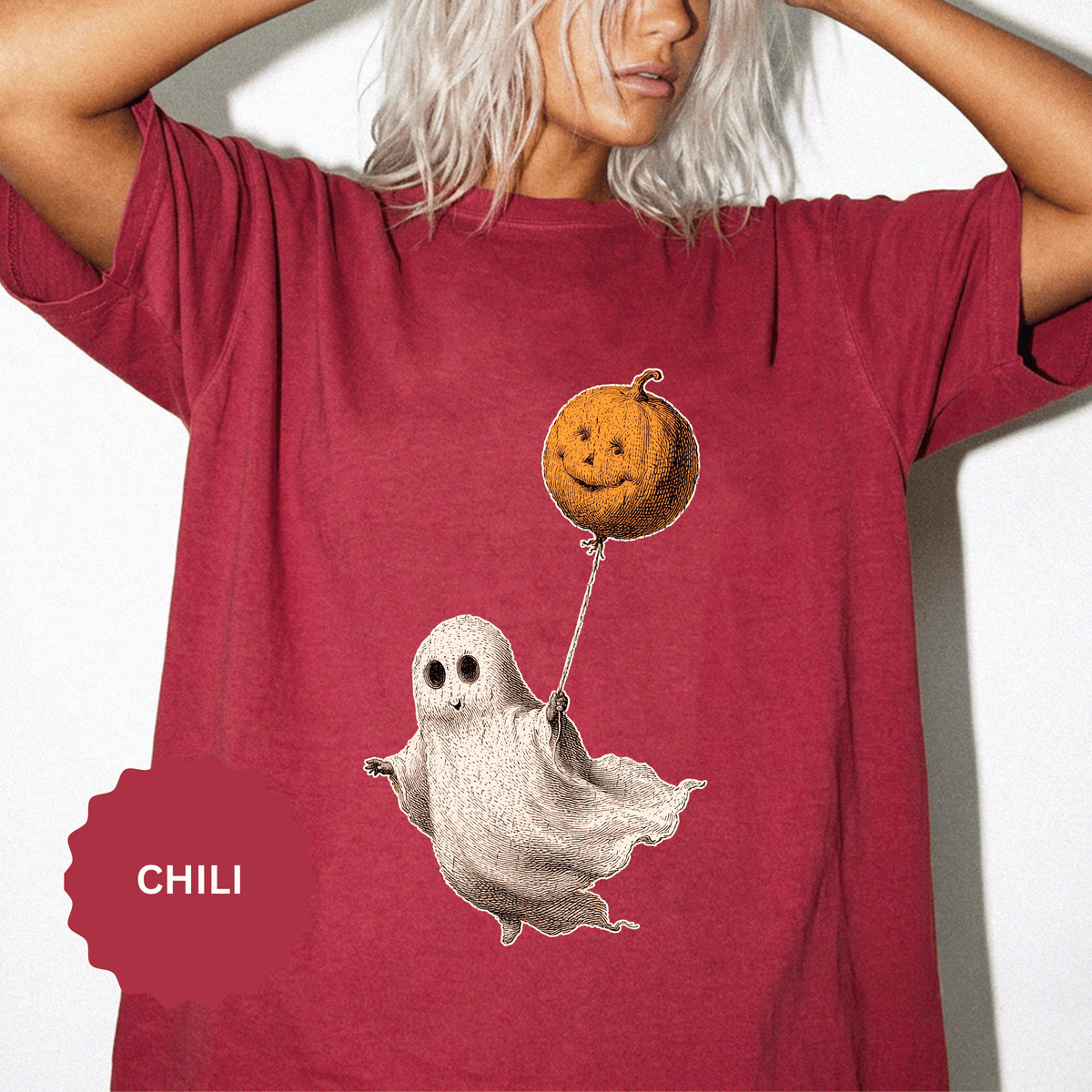 Cute Ghost Halloween Shirt, Pumpkin Balloon Graphic Tee, Vintage Spooky Season Gift for Women, Cozy October Fall Outfit for Ghost Lovers