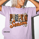 Pumpkin Season Shirt, Retro Leopard Checker Fall Graphic Tee, Cute Autumn Gift for Women, Cozy Thanksgiving October Outfit for Her
