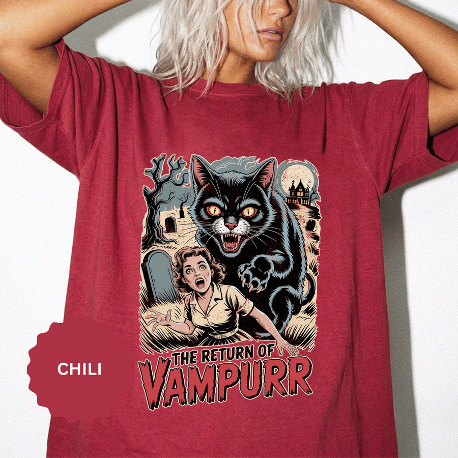 Black Cat Halloween Shirt, The Return of Vampurr Retro Horror T-Shirt, Funny Spooky Cat Gift for Cat Mom and Vintage Movie Fans Alike