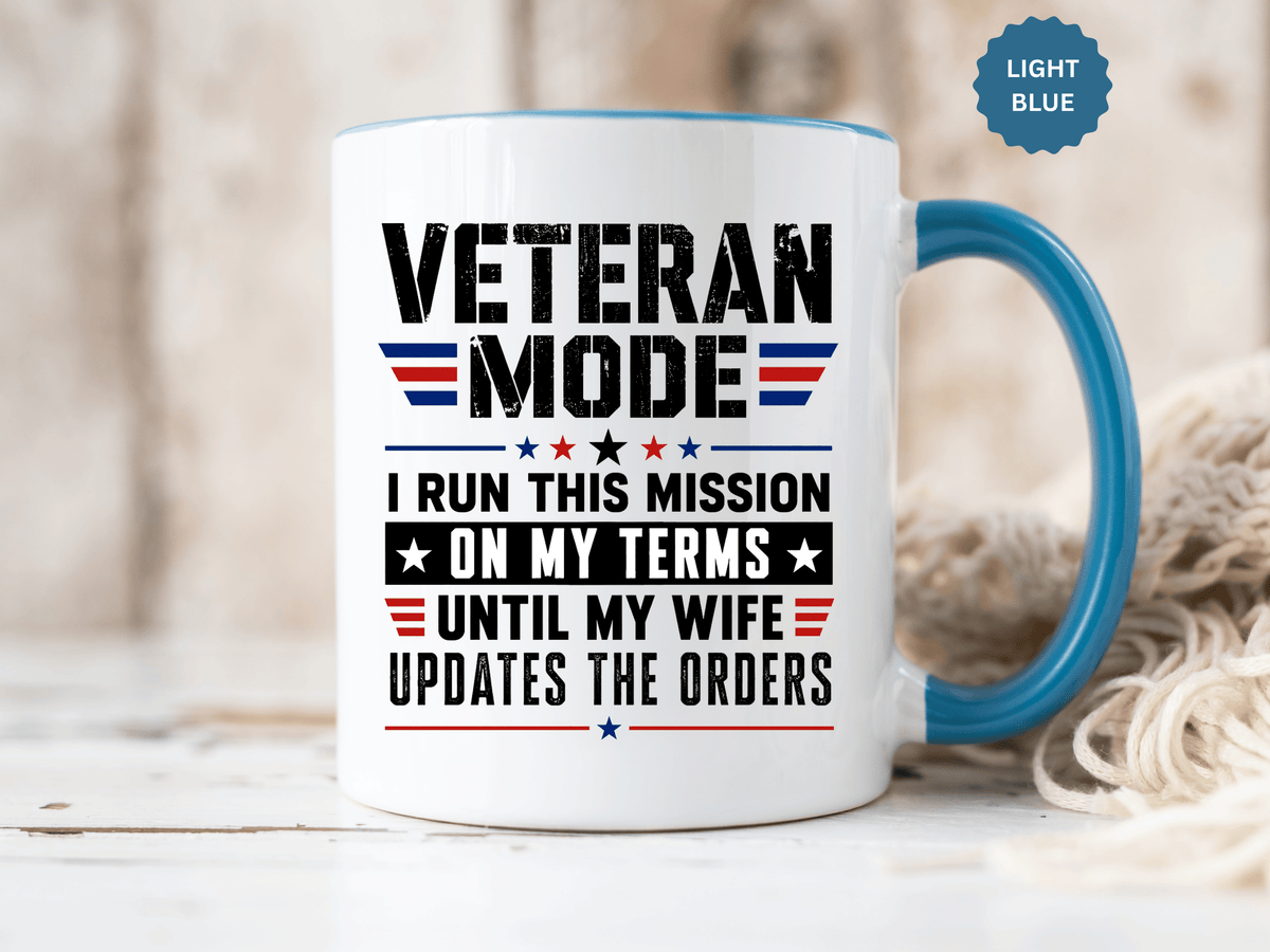 Funny Veteran Husband Mug, Veteran Mode Wife Updates Orders Coffee Cup, Military Spouse Gift for Retired Soldier, Anniversary or Birthday