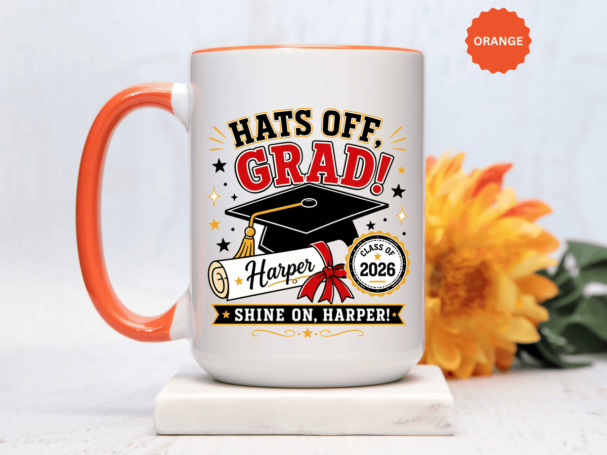 Personalized Graduation Mug, Hats Off Grad Class of 2026 Coffee Cup, Custom Name Gift for Daughter, Son, High School or College Senior