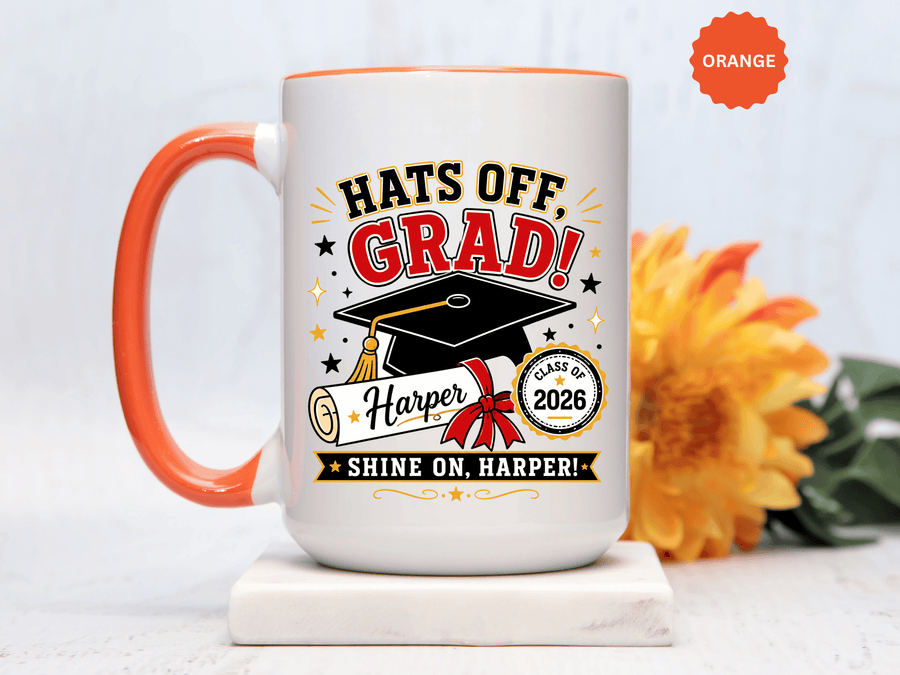 Personalized Graduation Mug, Hats Off Grad Class of 2026 Coffee Cup, Custom Name Gift for Daughter, Son, High School or College Senior