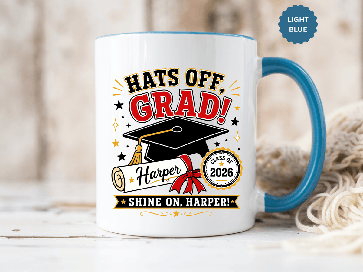 Personalized Graduation Mug, Hats Off Grad Class of 2026 Coffee Cup, Custom Name Gift for Daughter, Son, High School or College Senior