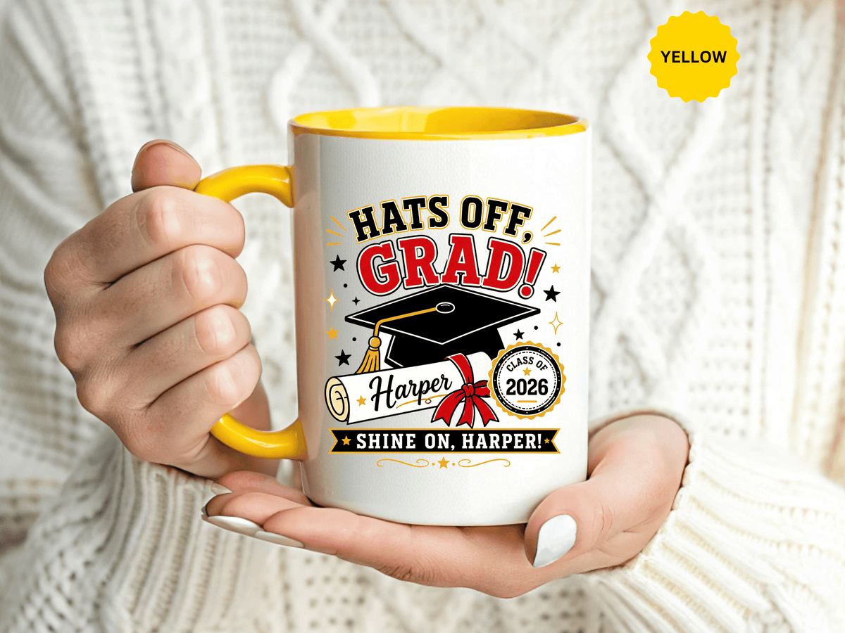 Personalized Graduation Mug, Hats Off Grad Class of 2026 Coffee Cup, Custom Name Gift for Daughter, Son, High School or College Senior