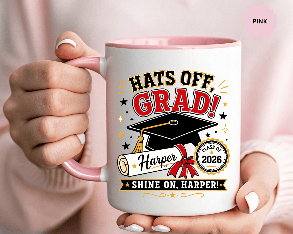 Personalized Graduation Mug, Hats Off Grad Class of 2026 Coffee Cup, Custom Name Gift for Daughter, Son, High School or College Senior