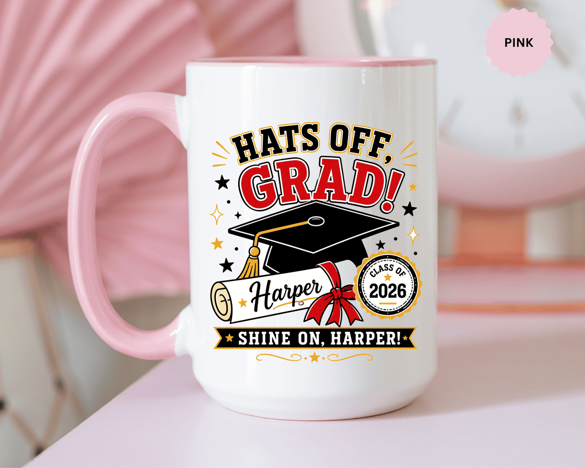 Personalized Graduation Mug, Hats Off Grad Class of 2026 Coffee Cup, Custom Name Gift for Daughter, Son, High School or College Senior