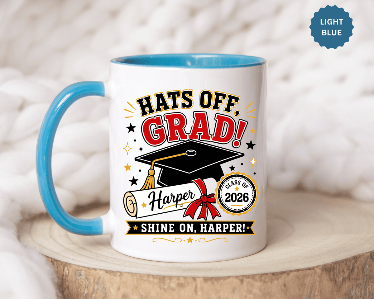 Personalized Graduation Mug, Hats Off Grad Class of 2026 Coffee Cup, Custom Name Gift for Daughter, Son, High School or College Senior
