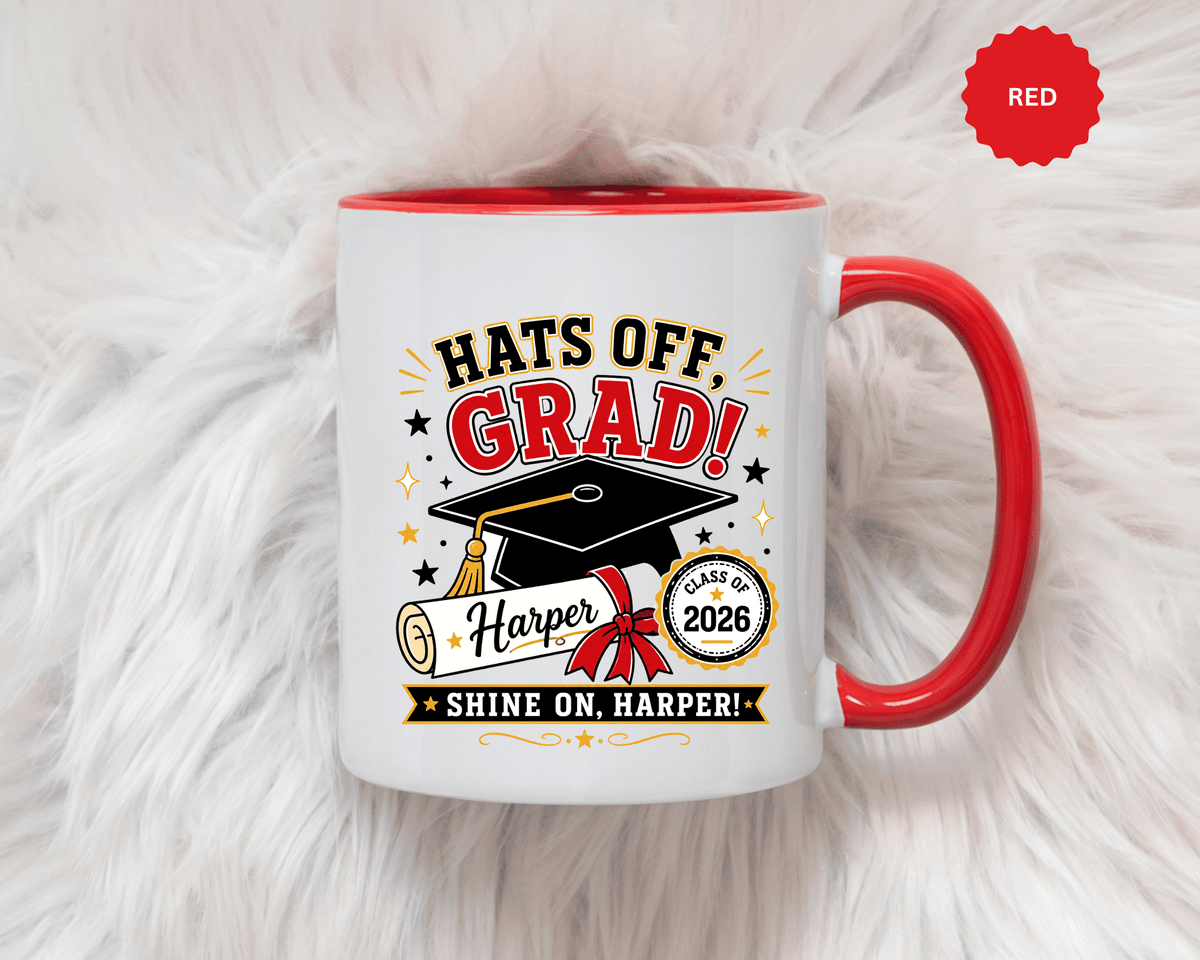 Personalized Graduation Mug, Hats Off Grad Class of 2026 Coffee Cup, Custom Name Gift for Daughter, Son, High School or College Senior