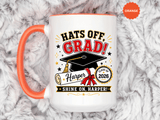 Personalized Graduation Mug, Hats Off Grad Class of 2026 Coffee Cup, Custom Name Gift for Daughter, Son, High School or College Senior