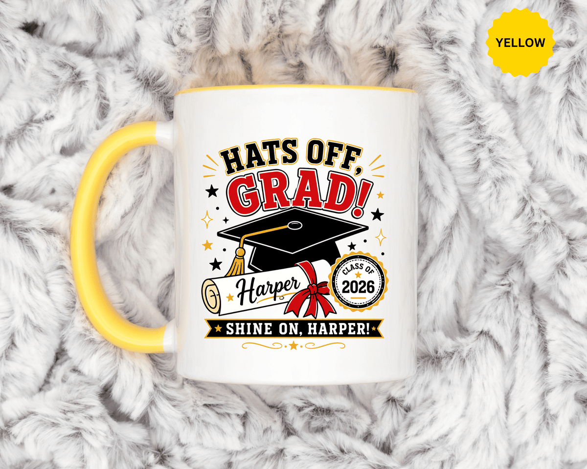 Personalized Graduation Mug, Hats Off Grad Class of 2026 Coffee Cup, Custom Name Gift for Daughter, Son, High School or College Senior