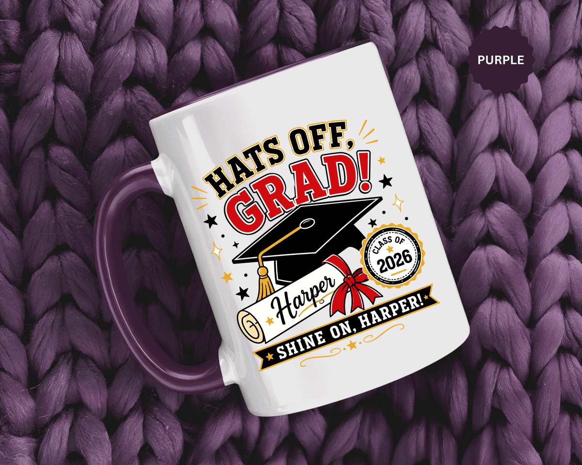 Personalized Graduation Mug, Hats Off Grad Class of 2026 Coffee Cup, Custom Name Gift for Daughter, Son, High School or College Senior