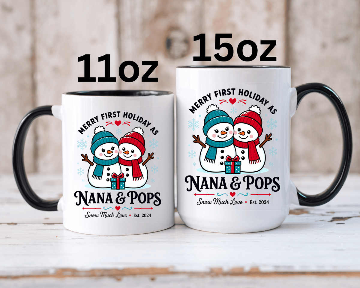 Personalized First Christmas Grandparents Mug, Nana and Pops Holiday Coffee Cup, New Grandparent Gift, Custom Names and Established Year