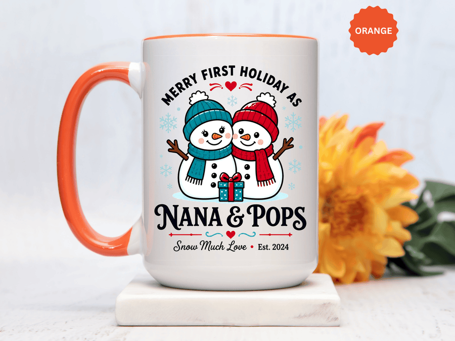 Personalized First Christmas Grandparents Mug, Nana and Pops Holiday Coffee Cup, New Grandparent Gift, Custom Names and Established Year