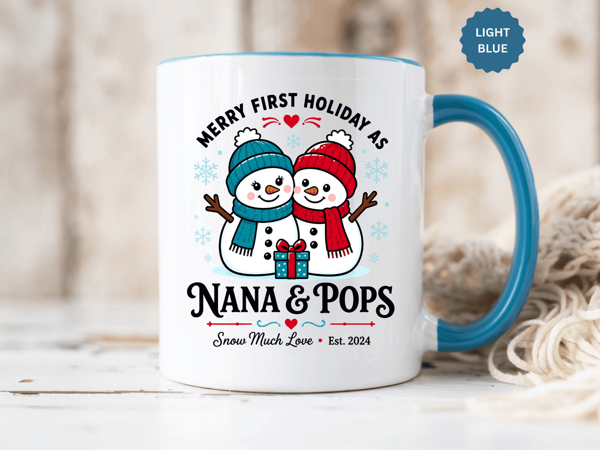 Personalized First Christmas Grandparents Mug, Nana and Pops Holiday Coffee Cup, New Grandparent Gift, Custom Names and Established Year