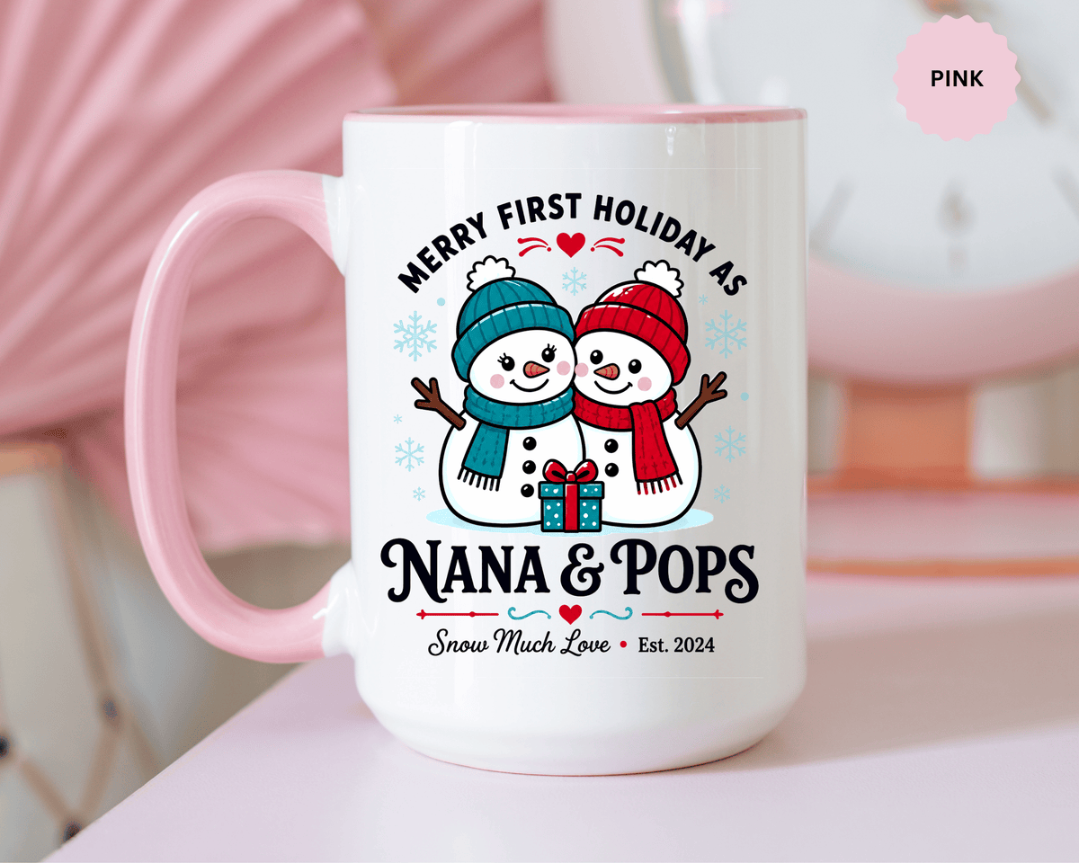 Personalized First Christmas Grandparents Mug, Nana and Pops Holiday Coffee Cup, New Grandparent Gift, Custom Names and Established Year