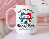 Personalized First Christmas Grandparents Mug, Nana and Pops Holiday Coffee Cup, New Grandparent Gift, Custom Names and Established Year