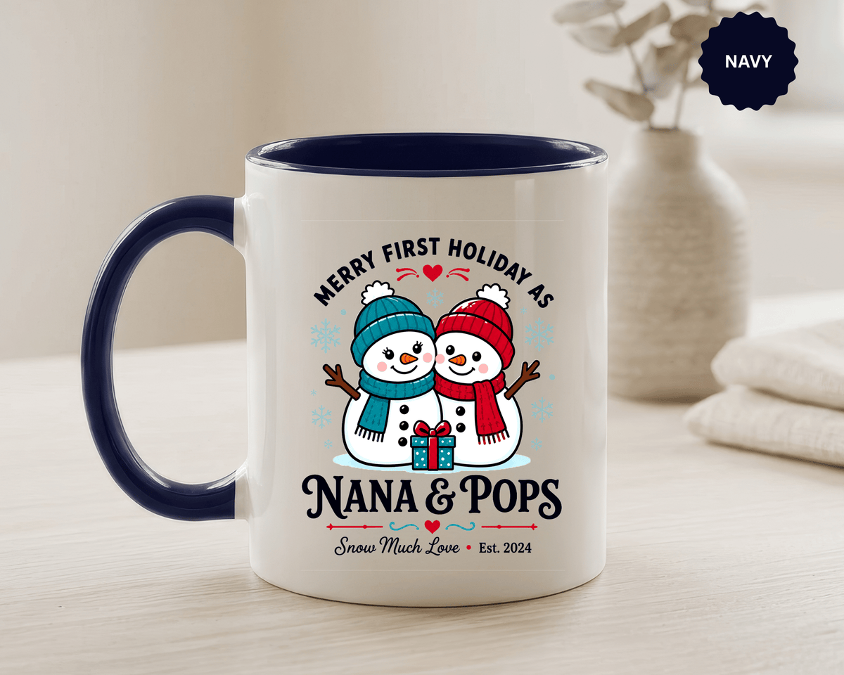 Personalized First Christmas Grandparents Mug, Nana and Pops Holiday Coffee Cup, New Grandparent Gift, Custom Names and Established Year