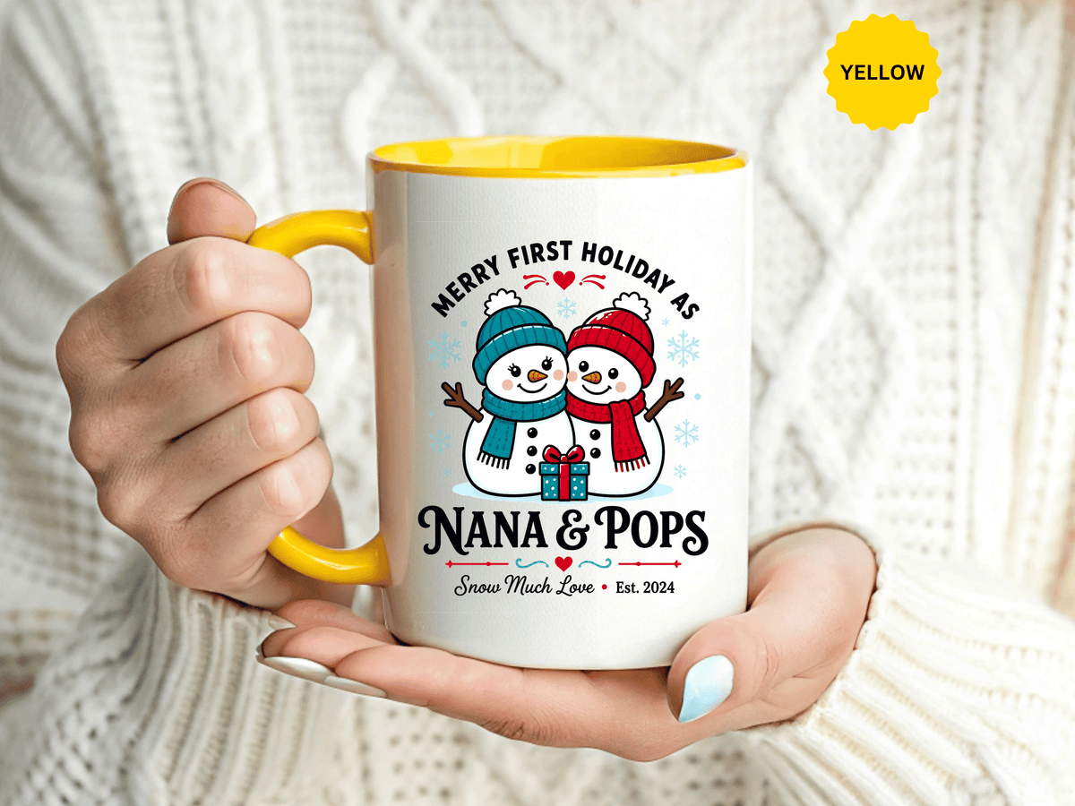 Personalized First Christmas Grandparents Mug, Nana and Pops Holiday Coffee Cup, New Grandparent Gift, Custom Names and Established Year