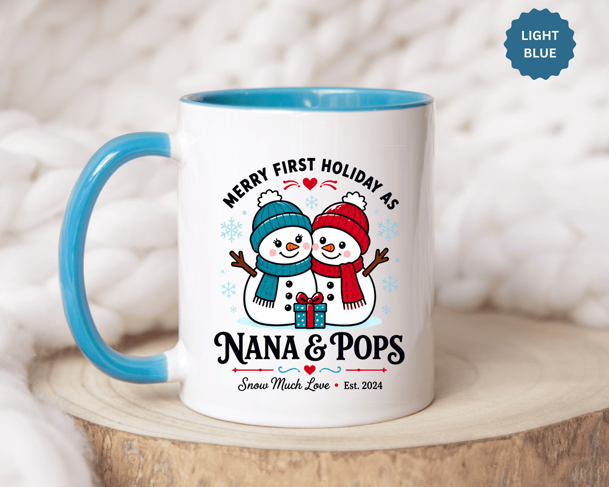 Personalized First Christmas Grandparents Mug, Nana and Pops Holiday Coffee Cup, New Grandparent Gift, Custom Names and Established Year