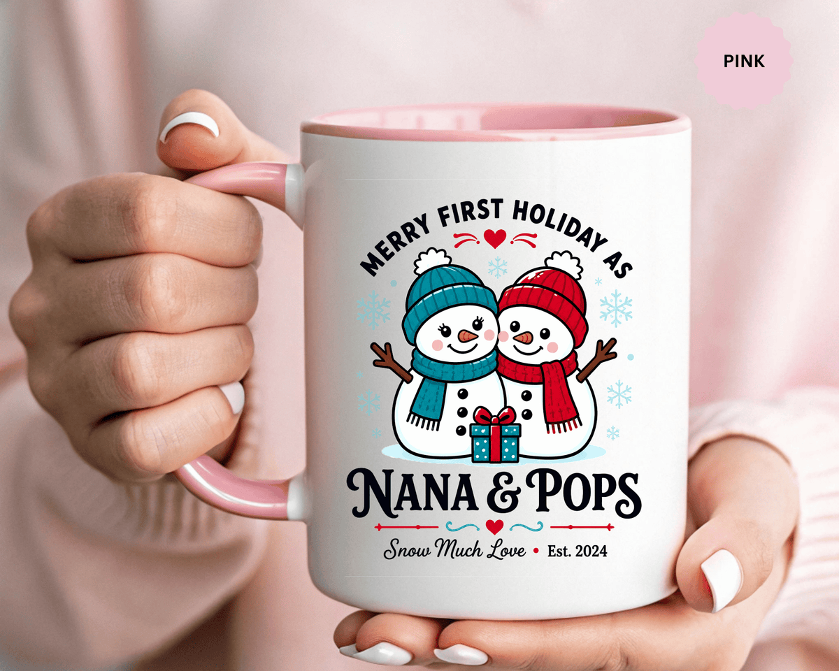 Personalized First Christmas Grandparents Mug, Nana and Pops Holiday Coffee Cup, New Grandparent Gift, Custom Names and Established Year