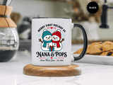 Personalized First Christmas Grandparents Mug, Nana and Pops Holiday Coffee Cup, New Grandparent Gift, Custom Names and Established Year
