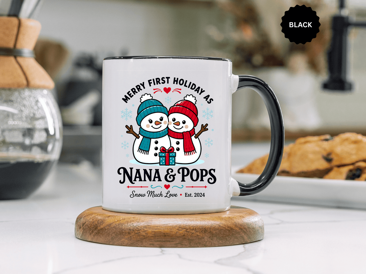 Personalized First Christmas Grandparents Mug, Nana and Pops Holiday Coffee Cup, New Grandparent Gift, Custom Names and Established Year