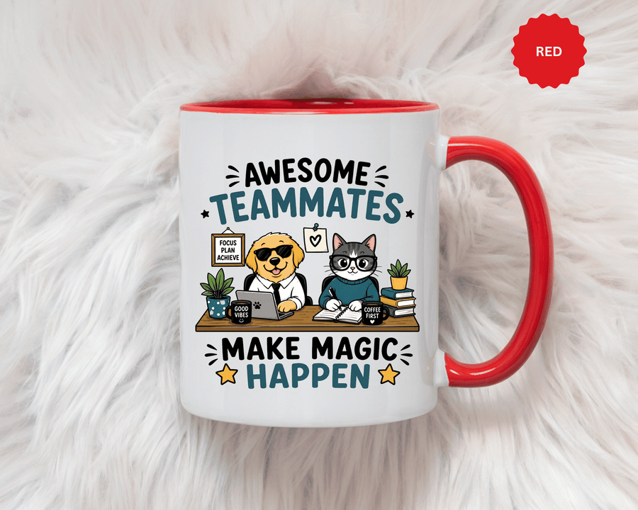 Awesome Teammates Coffee Mug, Coworker Appreciation Gift, Funny Dog and Cat Office Cup, Team Thank You Present for Colleague or Boss