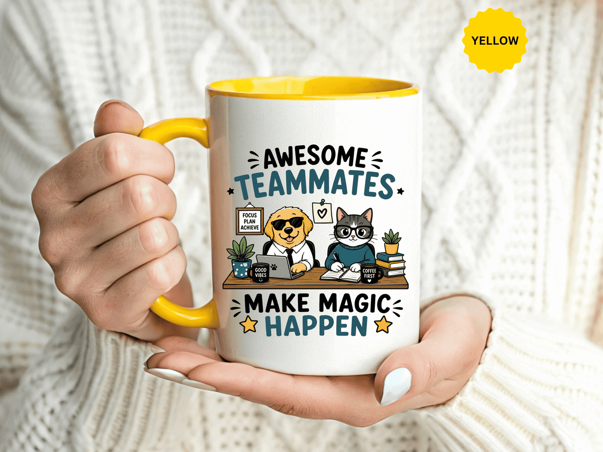 Awesome Teammates Coffee Mug, Coworker Appreciation Gift, Funny Dog and Cat Office Cup, Team Thank You Present for Colleague or Boss
